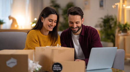 happy couple with parcel boxes using laptop at home in Christmas timeの素材