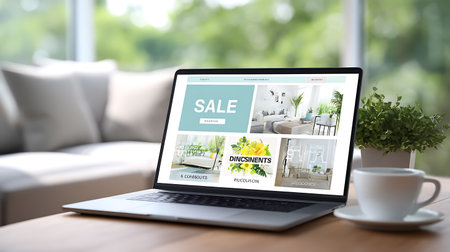 Laptop screen displaying a sale concept on a desk in a living roomの素材