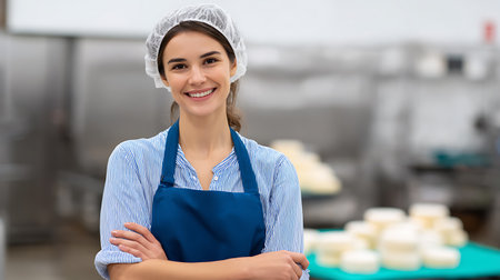 happy female confectioner in apron and cap smiling at cameraの素材