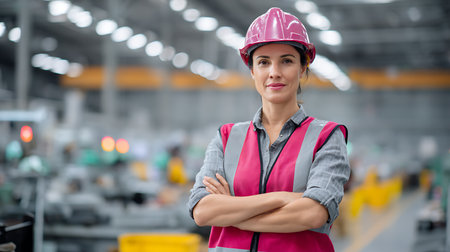 Portrait of female engineer standing with arms crossed in industrial factory.の素材