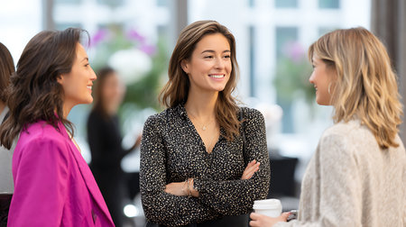 businesswomen talking in office lobby, looking at each other and smilingの素材
