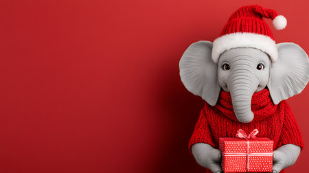 Elephant in Santa Claus hat holding gift box on red background.の素材