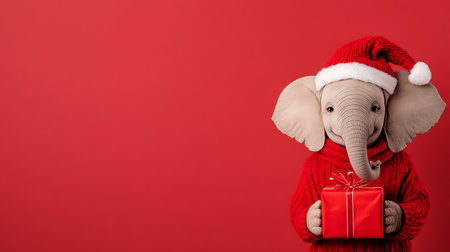 Christmas and New Year concept. Elephant in Santa Claus hat with gift box on red backgroundの素材