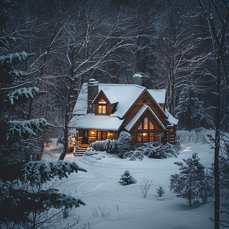 Winter cottage in the forest at night. Beautiful winter landscape with wooden house.の素材