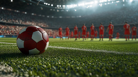 Soccer ball on the field of stadium. 3d rendering.の素材