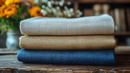 Kitchen towels on a wooden table with flowers in the background.の素材
