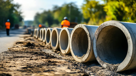 Concrete drainage pipes on the construction site of a new road.の素材
