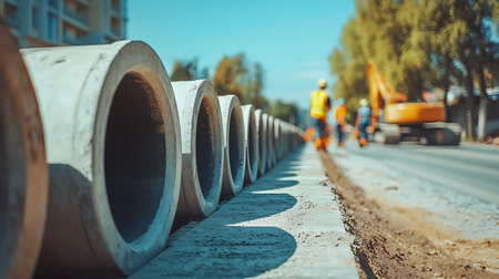 Concrete drainage pipes on the construction site of a new road.の素材