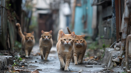group of red cat walking on the street in Hong Kong, Chinaの素材