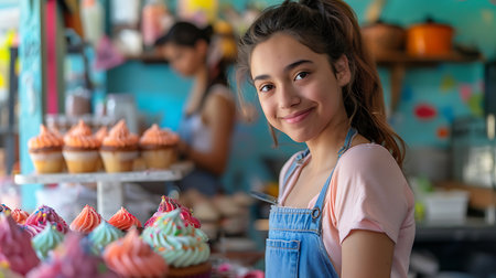 Portrait of a beautiful young girl selling cupcakes in a cafeの素材