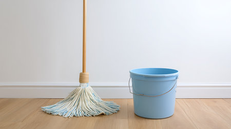 Mop and bucket on the floor in front of a white wallの素材