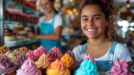 Portrait of smiling girl standing at counter with cakes in ice cream shopの素材