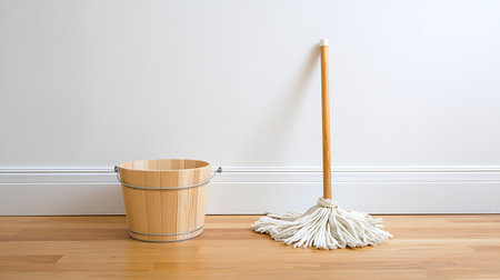 Mop and bucket on wooden floor in front of a white wallの素材