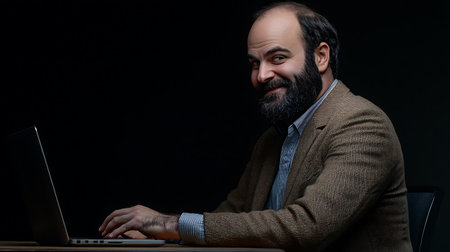 Handsome bearded businessman working on a laptop computer while sitting at a table on a black backgroundの素材