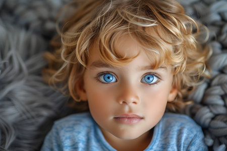 Cute little boy with blond curly hair and blue eyes lying in bedの素材