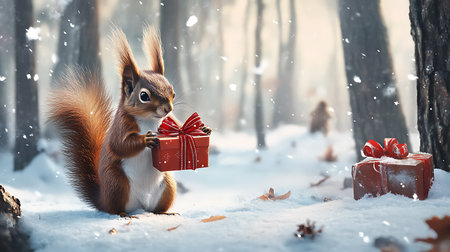 Cute squirrel with gift box in winter forest. 3d renderingの素材