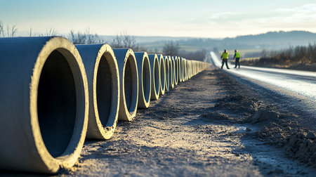 Concrete drainage pipes on a new road construction site. Work in progress.の素材