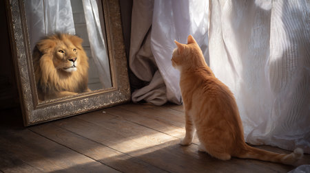 Lion and cat looking at each other in front of a mirrorの素材
