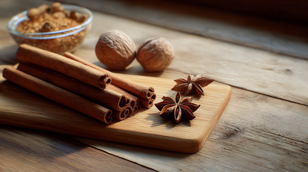 Cinnamon sticks, nutmeg and star anise on wooden backgroundの素材