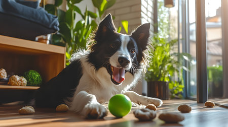 Portrait of border collie dog lying on the floor with green ball at homeの素材
