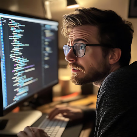 Portrait of a bearded man working on a computer at home.の素材