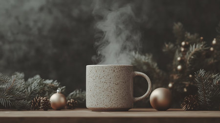 Cup of coffee with christmas decoration on wooden table, vintage tonedの素材