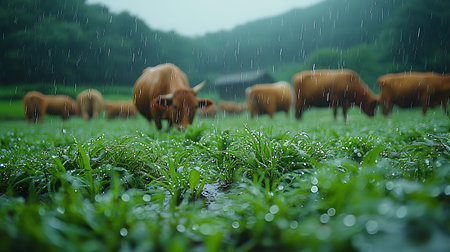 Cows grazing in the meadow in the rain, soft focusの素材