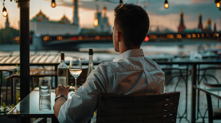 Young man in a white shirt with a glass of wine in a restaurantの素材