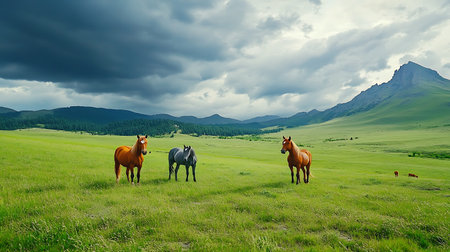Horses grazing on the meadow in the Altai mountains.の素材