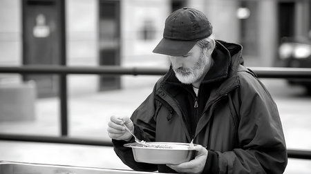 Mature man eating food in the city. Black and white photo.の素材