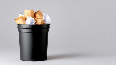 Black trash can full of crumpled paper isolated on white backgroundの素材