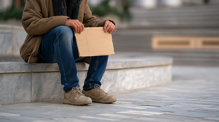 Unrecognizable man sitting on stairs outdoors, holding a cardboard boxの素材