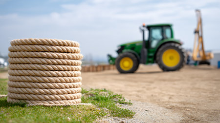 Rope roll and tractor on the background, close-up.の素材