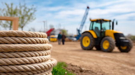 Rope and tractor on the background of the construction site. industrial backgroundの素材