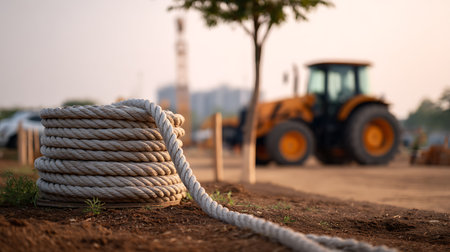 Rope and tractor on the construction site. Selective focus.の素材