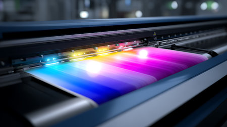 3D render of a colorful laser printer machine in a factory.の素材