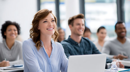 Portrait of smiling businesswoman with colleagues working in background at officeの素材