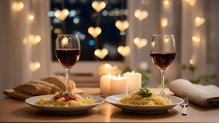 Two glasses of red wine and plate of delicious pasta with tomato sauce on wooden table in room decorated with heart bokehの素材
