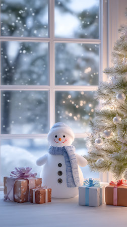Snowman and Christmas gifts near window with snowy landscape in background.の素材