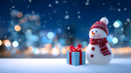 Snowman with gift box on snow and bokeh lights backgroundの素材