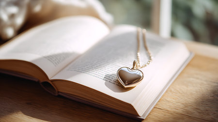Pendant in the form of a heart on an open book.の素材