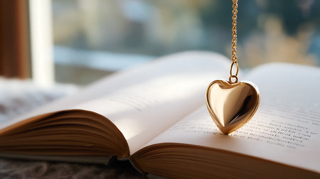 Heart shaped golden pendant on open book. Valentine's day conceptの素材