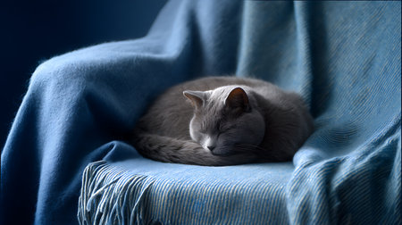 Beautiful gray cat sleeping on a blue blanket. Blue background.の素材