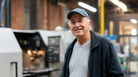 Portrait of smiling senior man standing in factory. Mature man wearing cap.の素材