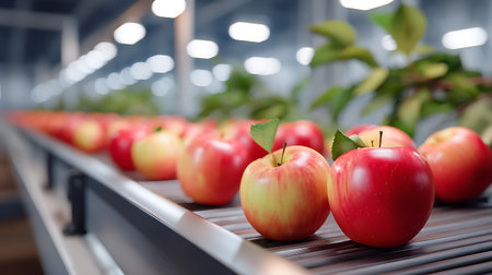 Red apples on a conveyor belt in an apple factory or warehouseの素材