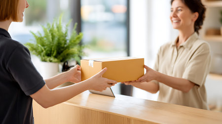 delivery woman with parcel box at home or office. contactless deliveryの素材