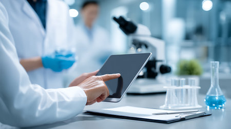 close up of scientist using tablet computer in laboratory. science and technology conceptの素材