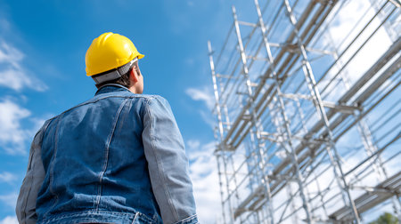 Engineer or Architect at construction site with safety helmet and blue sky backgroundの素材
