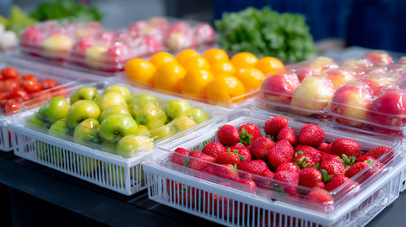 Fruits and vegetables in plastic box in supermarket. Healthy food.の素材
