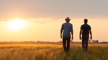 Back view of two men walking on wheat field and looking at sunsetの素材